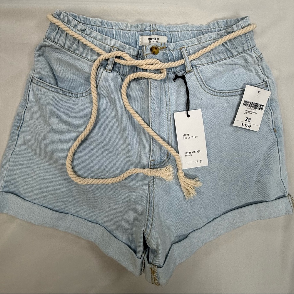 Forever 21 Light Blue High-Waist Denim Shorts with Braided Rope Belt